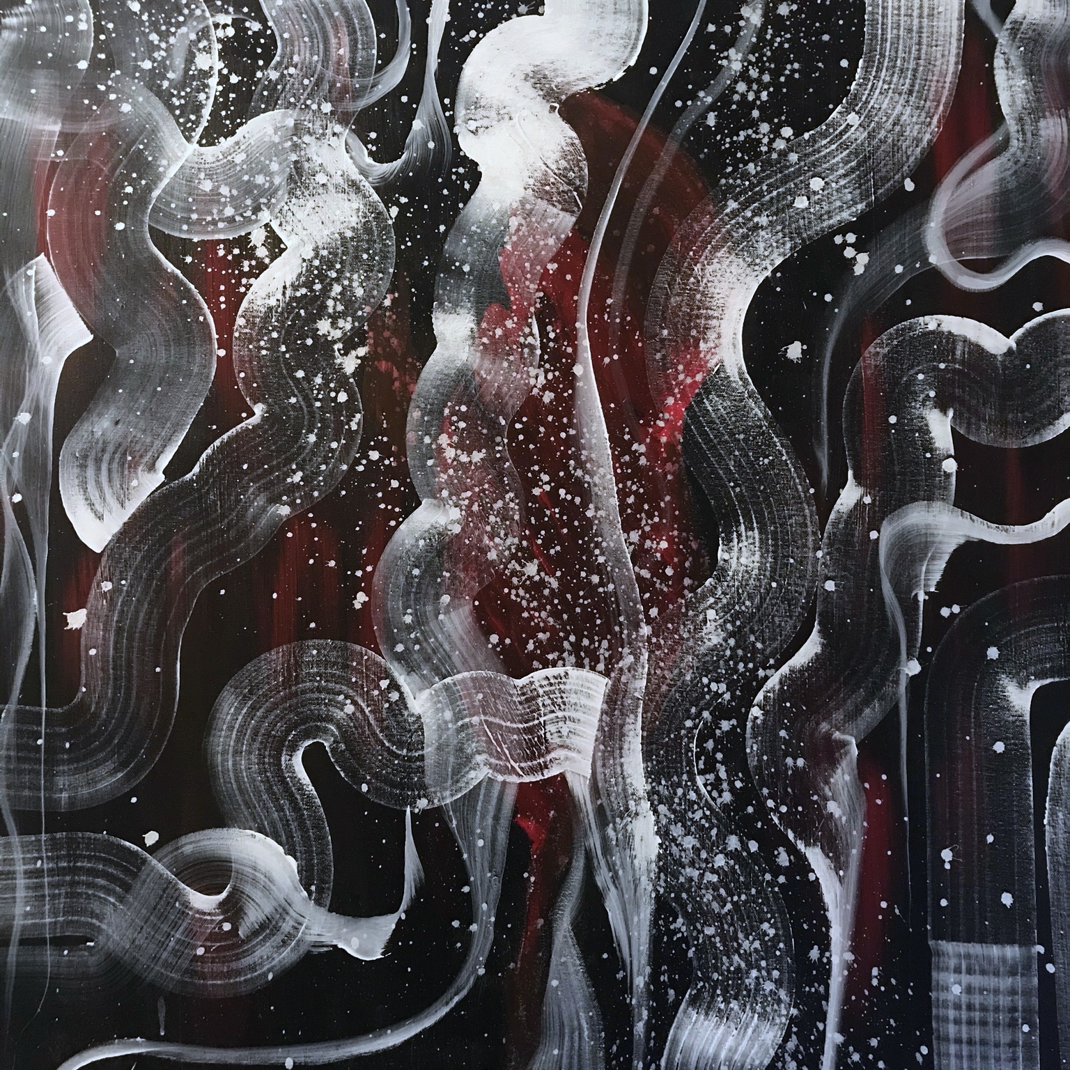 Painting by Didrik Jacobsen, with flowing white brushstrokes and white splashes over black and purple.